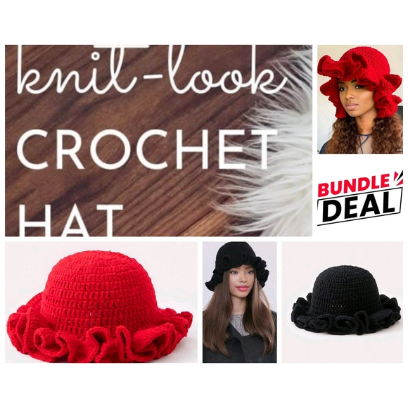 Accessories - Red and Black Crochet Hat Set For Sale